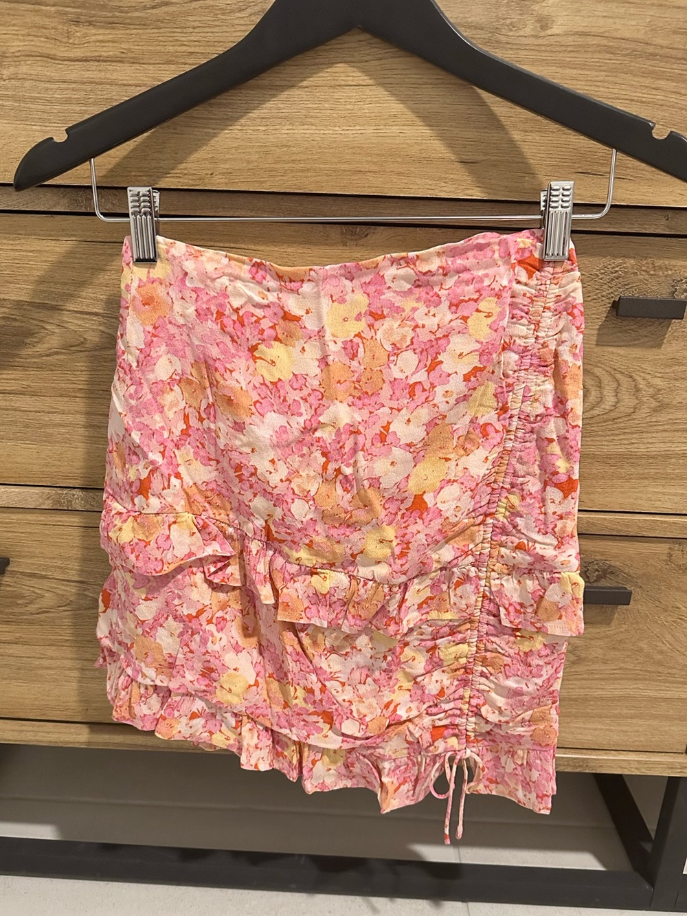 Pookie & Sebastian Floral Pink Orange Ruffled Mini Skirt